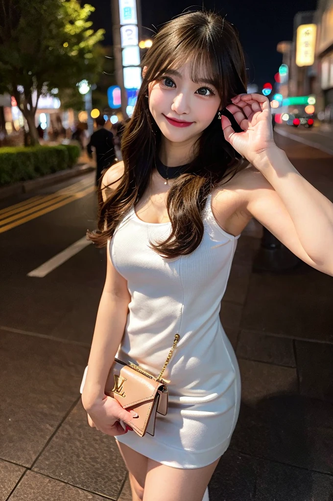 Outdoor,Beautiful beautiful thighs,summer,Night Sky,Tokyo at Night,Angle from the front,A happy smile,(8K壁紙),(8K),(Highest quality)、(Ultra-high resolution)、(RAW Photos、Cinema Lighting、high resolution、masterpiece),Photorealistic,Standing posture,Slim figure,Holding a cell phone on the sidewalk,Holding a Louis Vuitton bag,(Tight dress),town,street,looking at the camera,I can see your thighs,(I can see the sky from below),