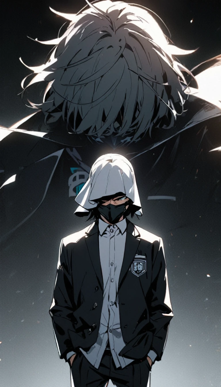 1boy, with face mask , hair covering both his eyes,open white school blazer with logo ,,standing,hands in pocket, serious ,closeup