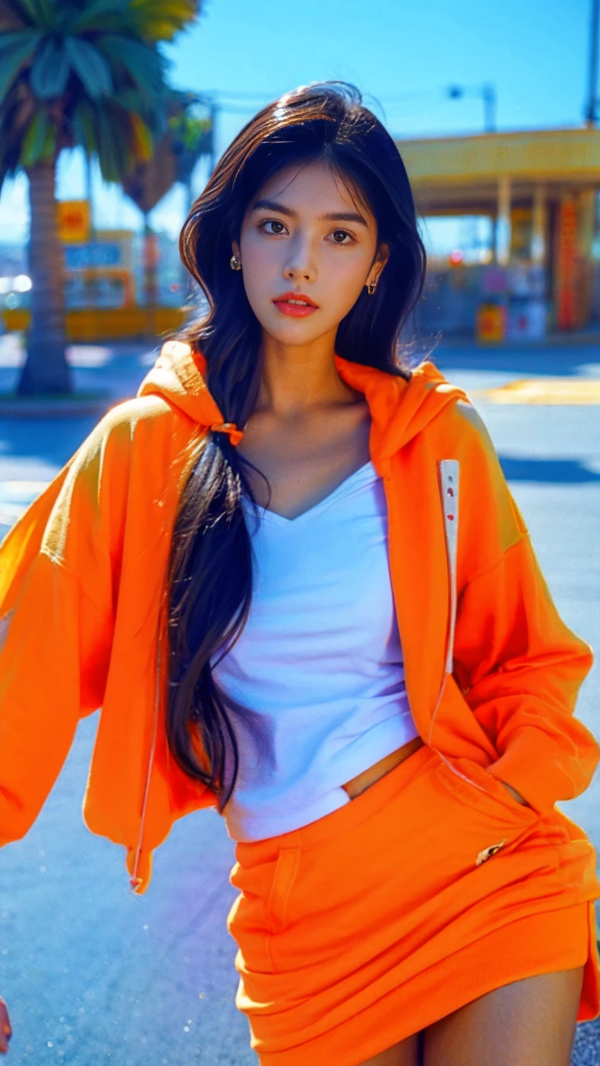 (medium long shot portrait) of cute 23 yo girl ,wear ((orange color oversized_hoodie)), wear ((purple tennis skirt)),looking front,Best Quality,Masterpiece,Ultra High Resolution,(Realisticity:1.4),Original Photo, 1Girl, light leak,ultra high resolution,UHD,beautiful, (black straight hair), almond eye, no makeup, in front of ((80's los angles colorful gas station)), (realistic:1.2), (surreal:1.3), (very detailed:1.1), ((masterpiece)),summer, blue sky, palm trees,sunny, los angles vibes,film camera, 800mm lens,style of Philip Lorca diCorcia