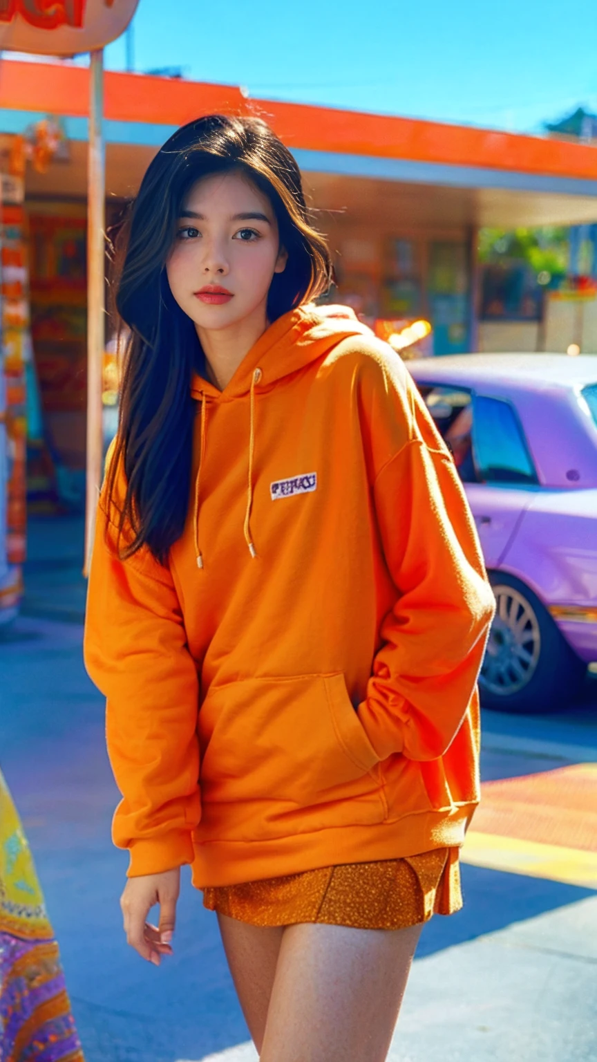 (medium long shot portrait) of cute 23 yo girl ,wear ((orange color oversized_hoodie)), wear ((purple tennis skirt)),looking front,Best Quality,Masterpiece,Ultra High Resolution,(Realisticity:1.4),Original Photo, 1Girl, light leak,ultra high resolution,UHD,beautiful, (black straight hair), almond eye, no makeup, in front of ((80's los angles colorful gas station)), (realistic:1.2), (surreal:1.3), (very detailed:1.1), ((masterpiece)),summer, blue sky, palm trees,sunny, los angles vibes,film camera, 800mm lens,style of Philip Lorca diCorcia