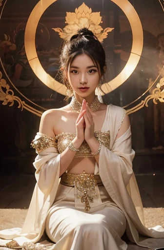 （chinese immortal）, （buddhism）, multiply_handmade story）, （bodhisattva）, 그녀는 Sitting on a lotus flower 있다, （three hands on the left，three hands on the right, 각 손에는 다른 buddhism 그릇이 있습니다., left right symmetry），（delicate and beautiful face）, （white silk gown）Sitting on a lotus flower, front view，light smile, neoclassicism, OP Art, chiaroscuro, cinematic lighting, god&#39;s light, ray tracing, character sheet, Insert projection, first person perspective, hyper hd, masterpiece, accurate, textured skin, super detail, high details, high quality, Awards, best quality, high resolution, 8K