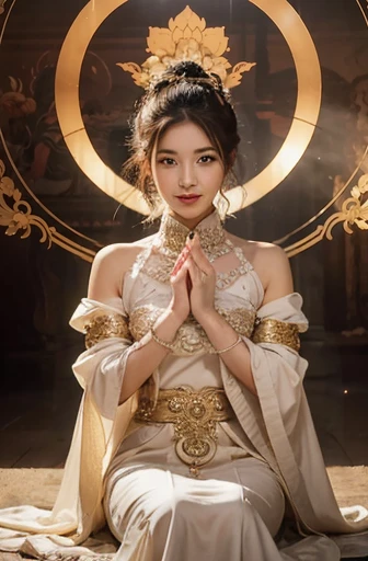 (chinese immortal), (buddhism), multiply_handmade story), (bodhisattva), 그녀는 Sitting on a lotus flower 있다, (three hands on the left,three hands on the right, 각 손에는 다른 buddhism 그릇이 있습니다., left right symmetry),(delicate and beautiful face), (white silk gown)Sitting on a lotus flower, front view,light smile, neoclassicism, OP Art, chiaroscuro, cinematic lighting, god's light, ray tracing, character sheet, Insert projection, first person perspective, hyper hd, masterpiece, accurate, textured skin, super detail, high details, high quality, Awards, best quality, high resolution, 8K