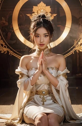 （chinese immortal）, （buddhism）, multiply_handmade story）, （bodhisattva）, 그녀는 Sitting on a lotus flower 있다, （three hands on the left，three hands on the right, 각 손에는 다른 buddhism 그릇이 있습니다., left right symmetry），（delicate and beautiful face）, （white silk gown）Sitting on a lotus flower, front view，light smile, neoclassicism, OP Art, chiaroscuro, cinematic lighting, god&#39;s light, ray tracing, character sheet, Insert projection, first person perspective, hyper hd, masterpiece, accurate, textured skin, super detail, high details, high quality, Awards, best quality, high resolution, 8K