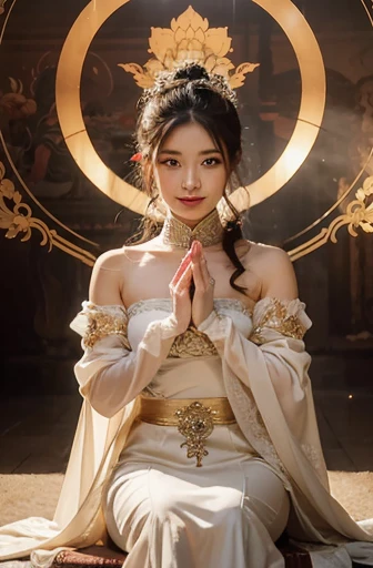 (chinese immortal), (buddhism), multiply_handmade story), (bodhisattva), 그녀는 Sitting on a lotus flower 있다, (three hands on the left,three hands on the right, 각 손에는 다른 buddhism 그릇이 있습니다., left right symmetry),(delicate and beautiful face), (white silk gown)Sitting on a lotus flower, front view,light smile, neoclassicism, OP Art, chiaroscuro, cinematic lighting, god's light, ray tracing, character sheet, Insert projection, first person perspective, hyper hd, masterpiece, accurate, textured skin, super detail, high details, high quality, Awards, best quality, high resolution, 8K