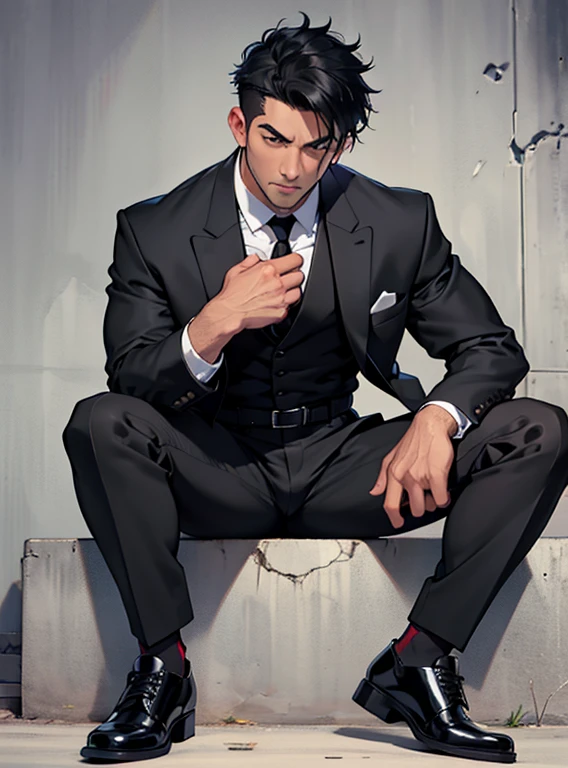 40 years old,Dad,Single simple black suit,Open your legs more,Falling,Stick out your crotch,Temptation Pose,Black Belt,Black socks,Worn and slightly dirty black leather shoes.black tie,logic, Gay ,Black Hair,Short Hair,Thick eyebrows,Stubble,Lightly set your hair with wax,Asian Faces,Masculine,Men,Bad actor,Bulging in the crotch area of pants,Erotic