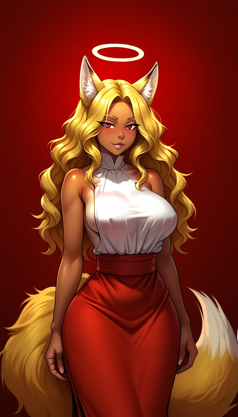 (zPDXL2),  score_9_up, BREAK
1girl, solo, fullbody, (fox:1.2), (long wavy hair), glowing red eyes, (ram horns:1.2), angel halo, (fox ears, fox tail), tanned skin, sideboob, underboob, warm dress, BREAK
AissistXLv2, unaestheticXL_bp5, SimplePositiveXLv2, zPDXL2 PonyXLV6_Scores