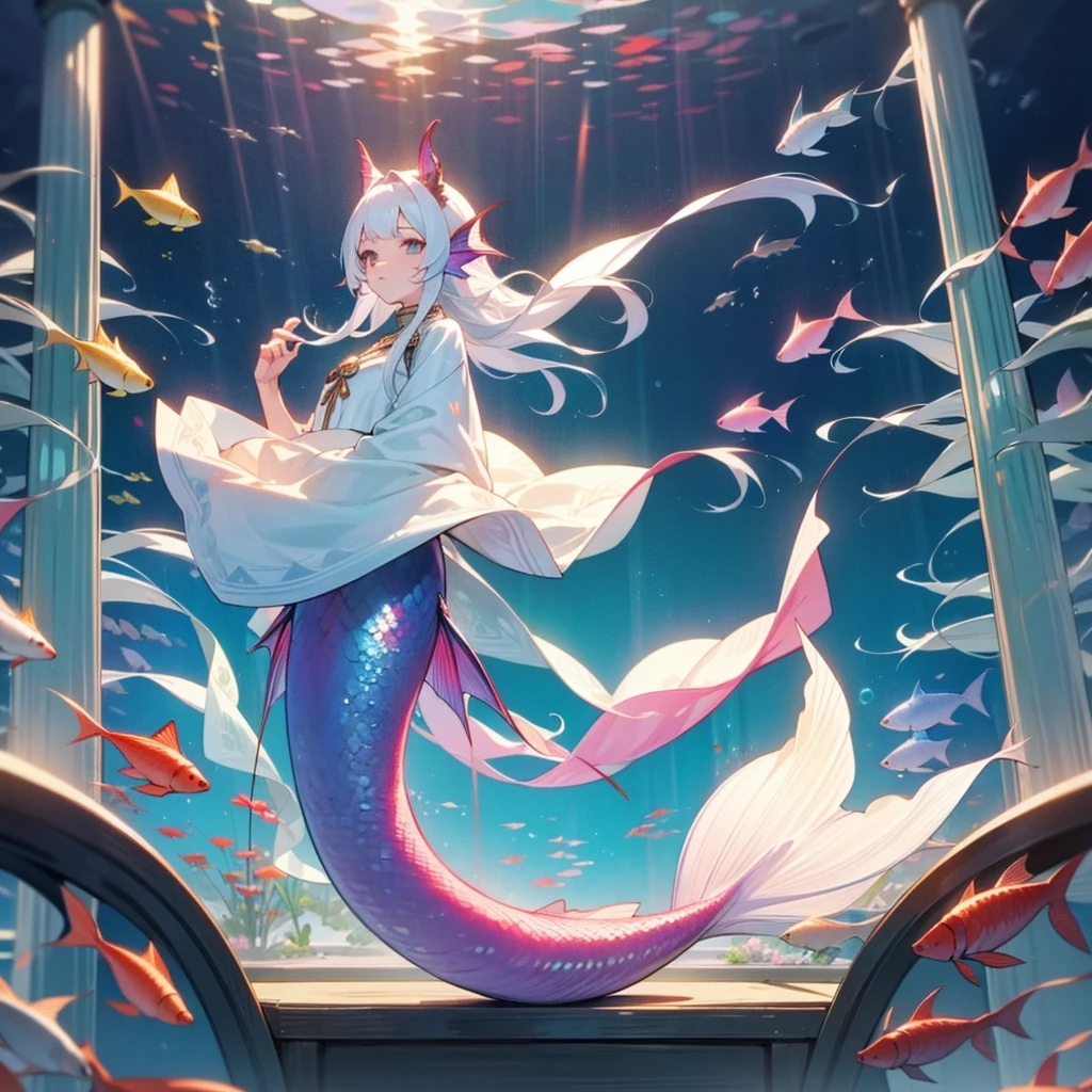 Long white hair, mermaid,long fish tail, aquarium,handucffs on tail hands neck,musuem