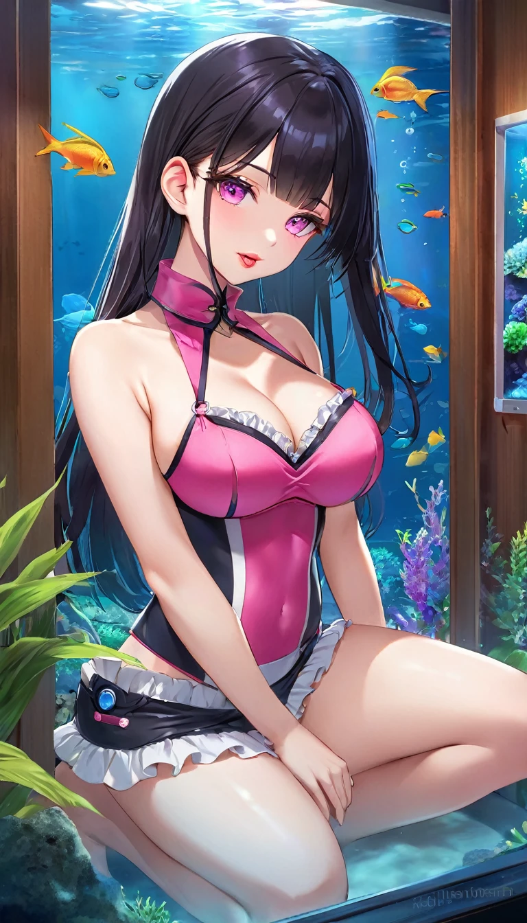 {{{{{16k, Camera angles close to face and tits}}}}}, {{{{{Her body and sex appeal are at their peak and she exudes an overwhelmingly seductive aura She kneels with her eyes upward drooling from the tip of her slender tongue and sticking out her tongue lovingly and skillfully caressing the penis in front of her, transforming a Japanese girl into her facial rank to the SSS rank of top-notch pretty actresses, She's in a cylindrical aquarium filled with female hormone fluid with a control panel that allows her to change the shape and appearance and personality of the girl inside at will, When the control panel under the aquarium was adjusted to a sexy beautiful big-breasted with tight cleavage slender underbusted personality girl her appearance changed to a cutely slut and gentle look, after being locked in a aquarium for four years and injected daily with beauty-enhancing hormones she grew into a girl that she had an lewd fetish for lips and necks and waistlines, The lush growing tits and waistline of a 16 year old ripen quickly when the control panel is moved to a 20 year old and we see her in her prime as a woman, her clearer nip line from underbust to hips, Her too-beautiful rounded tits wrapped in her separates frills pastel colored bikini, Her hair is replaced by a bang long glossy very Straight black hair, The growing body is reproduced with sex-loving, thick vivid lips, She transforms her into a cute once-in-a-millennium}}}}},{{Extremely detailed}},{{{{{integrated her head small, Enchanting Too thick and erotic deep pink lips, Her thickened lips shimmer with luster}}}}}