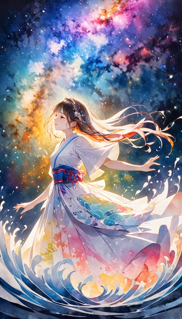 beautiful princess, milky way, galaxy, 2.5D, delicate and dynamic, fusion of watercolors and oil paintings, fusion of paper cutting and shadow puppetry, magic of vivid color shades and contrasts, gradation, wet in wet, water splash, foggy filter effect, Japanese paper quality, abstract part