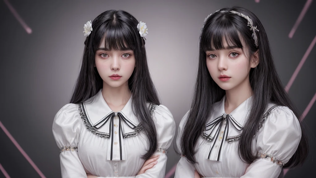 Highest quality, (Realistic:1.2), One girl, alone, Detailed face, Face Focus, Are standing, Black Hair,(hair ornaments:1.35),office lady, Sleeves edged with ribbon, Removable sleeves, Ribbon trim, Wide sleeves, (View your viewers:1.5) Long Hair, Iris, bangs, lips, Neon Background Photograph the whole body