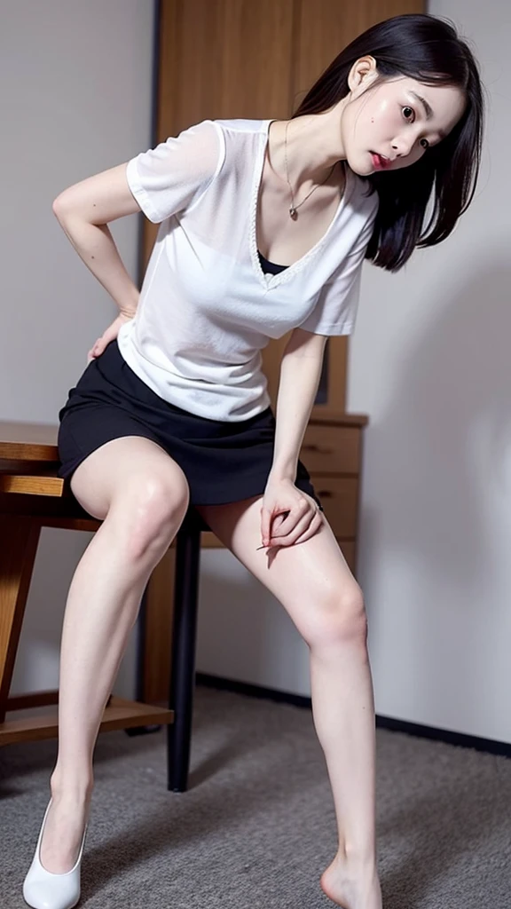 a female school teacher, very thin, pale white skin, visible bones, wet sweat, very slender body, full body