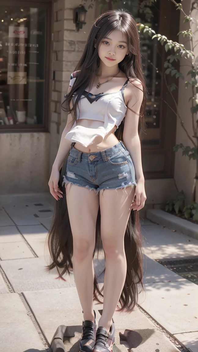 Best quality, Masterpiece, High_Nothing, 1girl, hair adornment, necklace, jewelry, Beautiful face, Tyndall effect, photograph realistic, rim lit, two tone lighting, (high detail skin:1.2), ((crop top black shirt)), ((short jean thin pant)), (big breasts), Ultra HD in 8K, Digital SLR, Soft lighting, High quality, volumetric lighting, candid, photographed, high resolution, 4K, 8K, Bokeh, Breasts are medium large, Prom,evening formal robes, Nippur, absurderes, Long straight hair, hair on shoulders, long hair, Black hair color, (full body:1.5), (looking at viewer), (beautiful smile), (sneaker), (perfect hands), (perfect fingers)