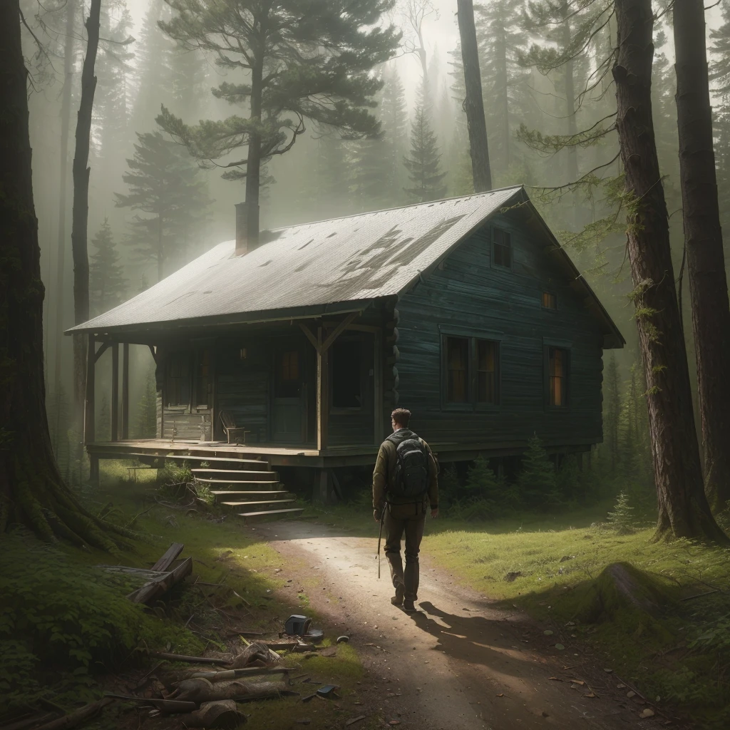 there is a man walking towards a cabin, inspirado em Gregory Crewdson, inspired by Asher Brown Durand, cabin in the forest, arte conceitual escura fotorrealista, hyper-realistic adventure rendering, lonely cottage in the forest, inspired by Michael Komarck, forgotten and lost in the forest, house in the florest, the disappearance of ethan carter, matte digital painting