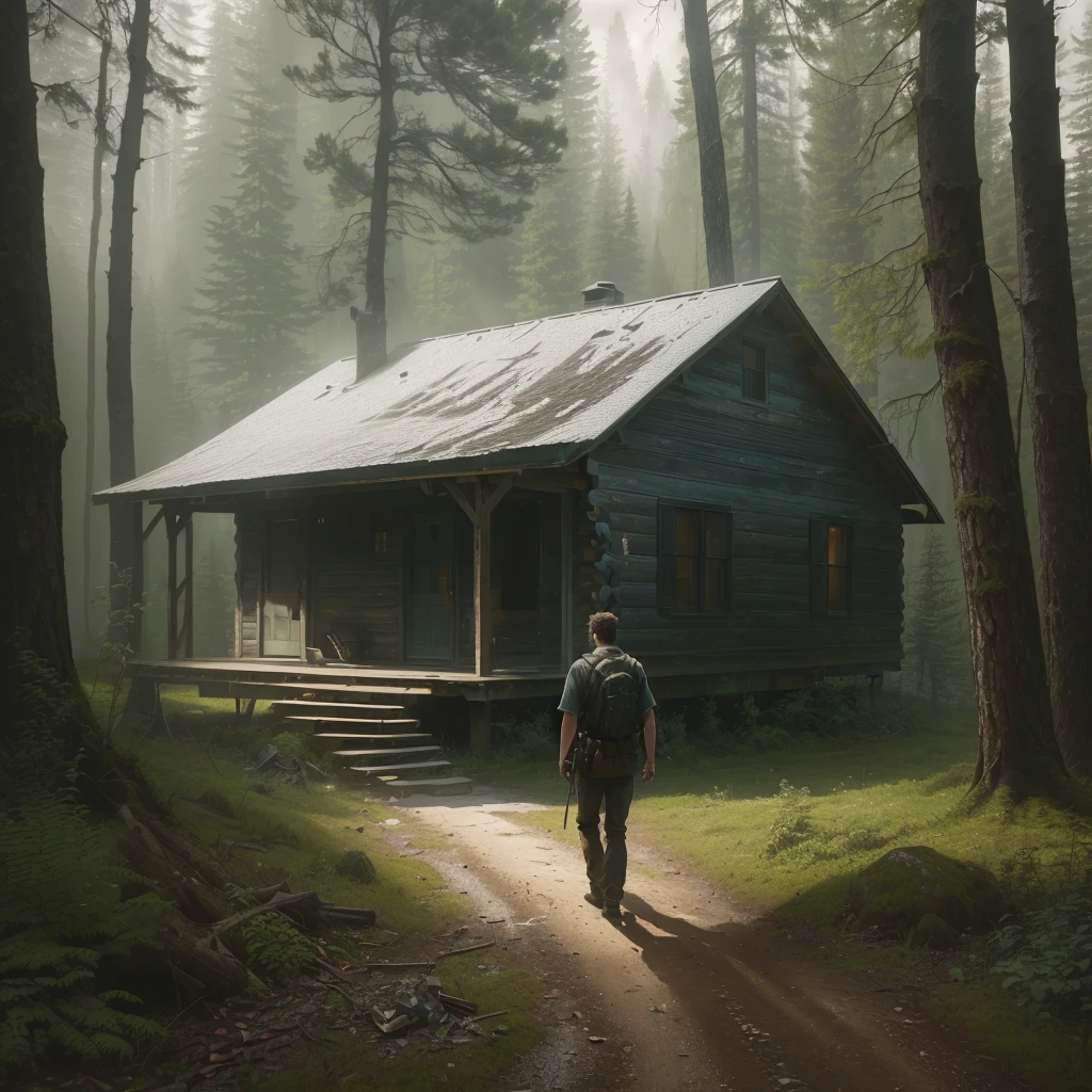 there is a man walking towards a cabin, inspirado em Gregory Crewdson, inspired by Asher Brown Durand, cabin in the forest, arte conceitual escura fotorrealista, hyper-realistic adventure rendering, lonely cottage in the forest, inspired by Michael Komarck, forgotten and lost in the forest, house in the florest, the disappearance of ethan carter, matte digital painting