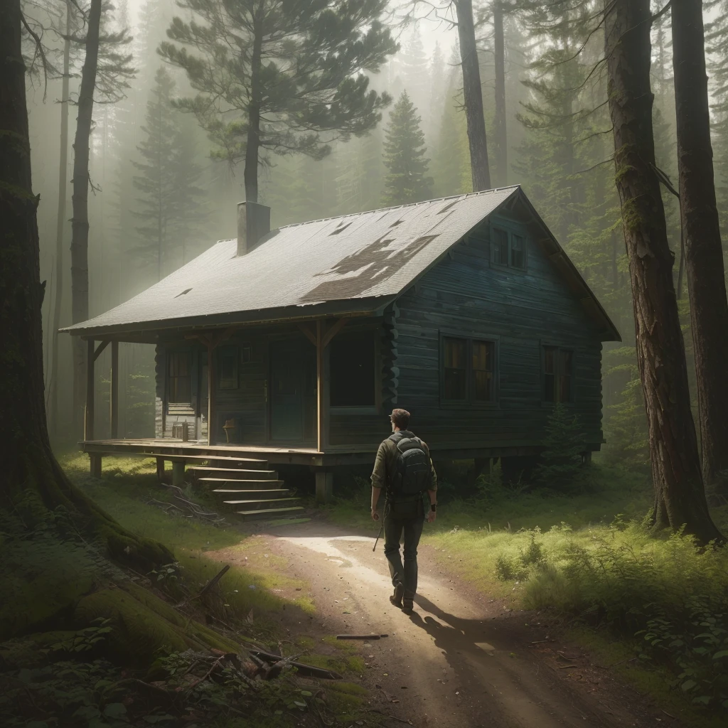 there is a man walking towards a cabin, inspirado em Gregory Crewdson, inspired by Asher Brown Durand, cabin in the forest, arte conceitual escura fotorrealista, hyper-realistic adventure rendering, lonely cottage in the forest, inspired by Michael Komarck, forgotten and lost in the forest, house in the florest, the disappearance of ethan carter, matte digital painting