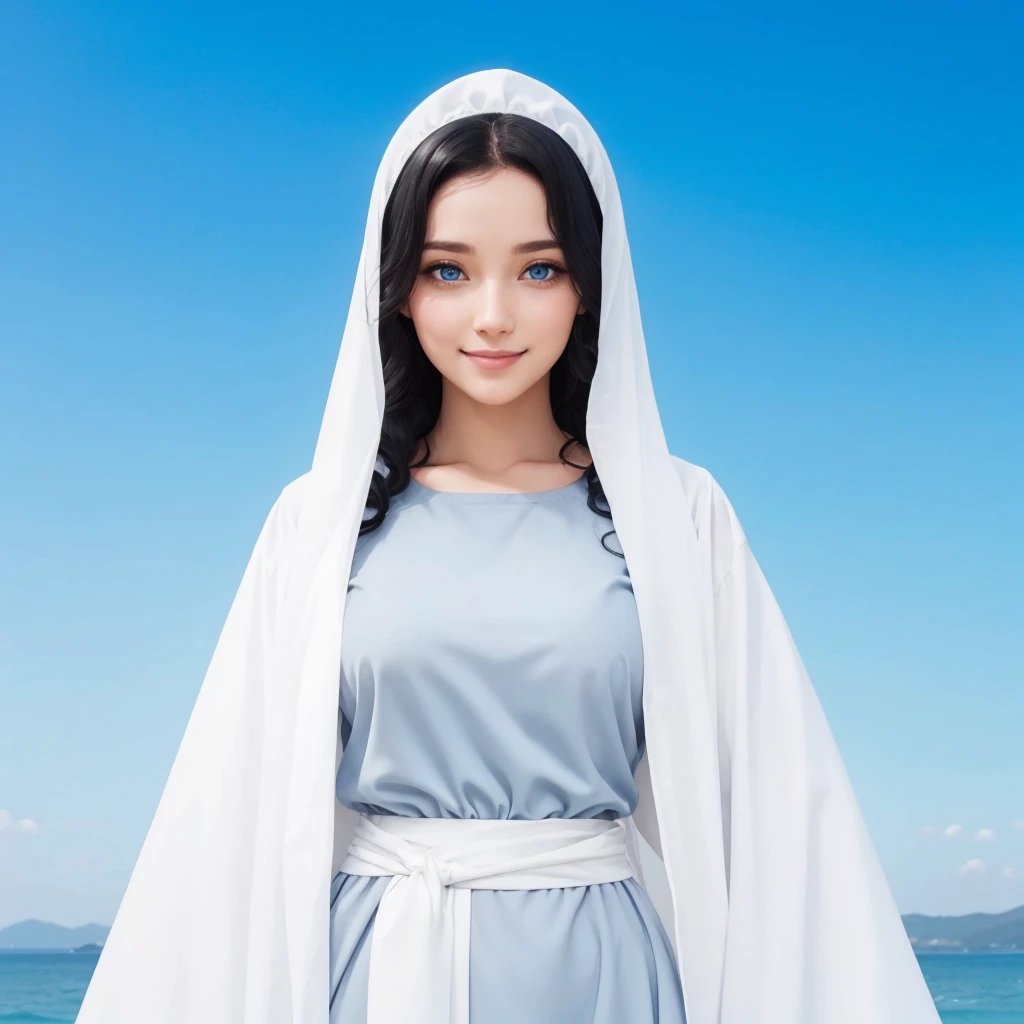 young woman, 25 years old, blue eyes, Curly black hair , serene and happy face, gray dress with wide, long sleeves adjusted at the waist by an intertwined white sash.