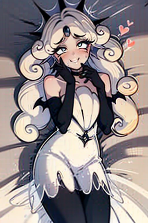 a hot seductive mature woman, black pearl cookie, lying down in bed. she has a curvy but slim body, with lovely curves and long sexy legs. her skin is grey and so smooth that it glows. her hair is long, wavy and white, and it's fluffy and messed up. her eyes and white and sharp with long eyelashes. she's wearing a tight black bikini, showing her skin, as well as a pair of long black stockings, long black gloves and a choker. her pose is seductive and alluring: she's lying down on the bed while looking at the viewer and showing her armpits. she's also opening her legs. the viewer is in front of her and has a close up of her face from above. she's smiling seductively and blushing a lot on her cheeks and nose. HD, very detailed picture, hearts around head, closeup face, white hair