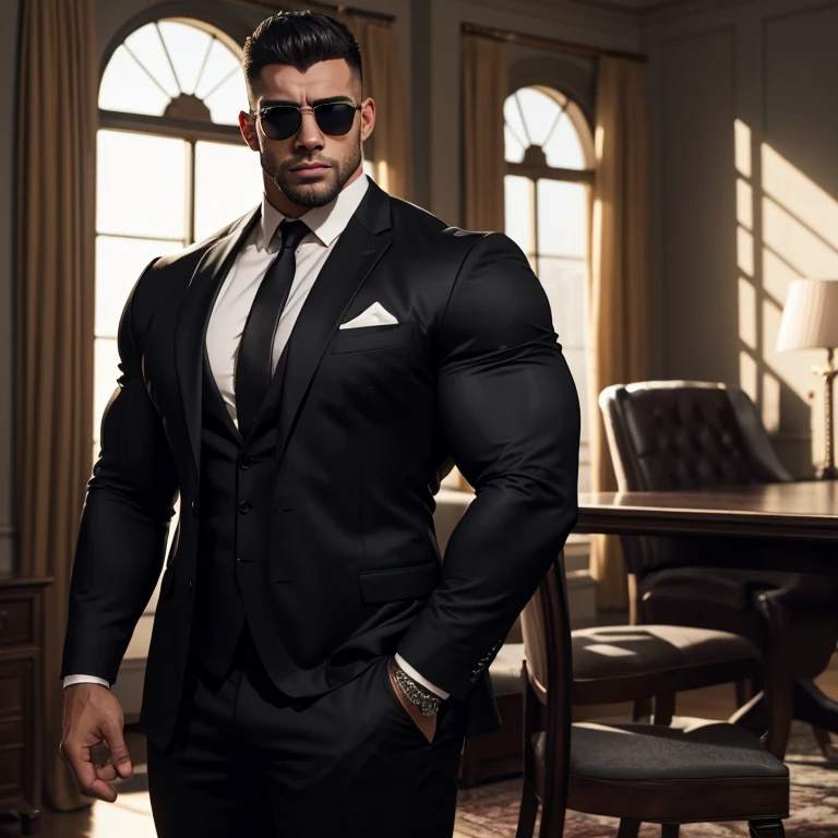 a very handsome, robust man with Mid fade haircut, massively muscular, with massively large muscles, with massively large and muscular arms, shoulders and biceps, with massively large body, wearing a black suit, in a room holding a pair of sunglasses, seen up close