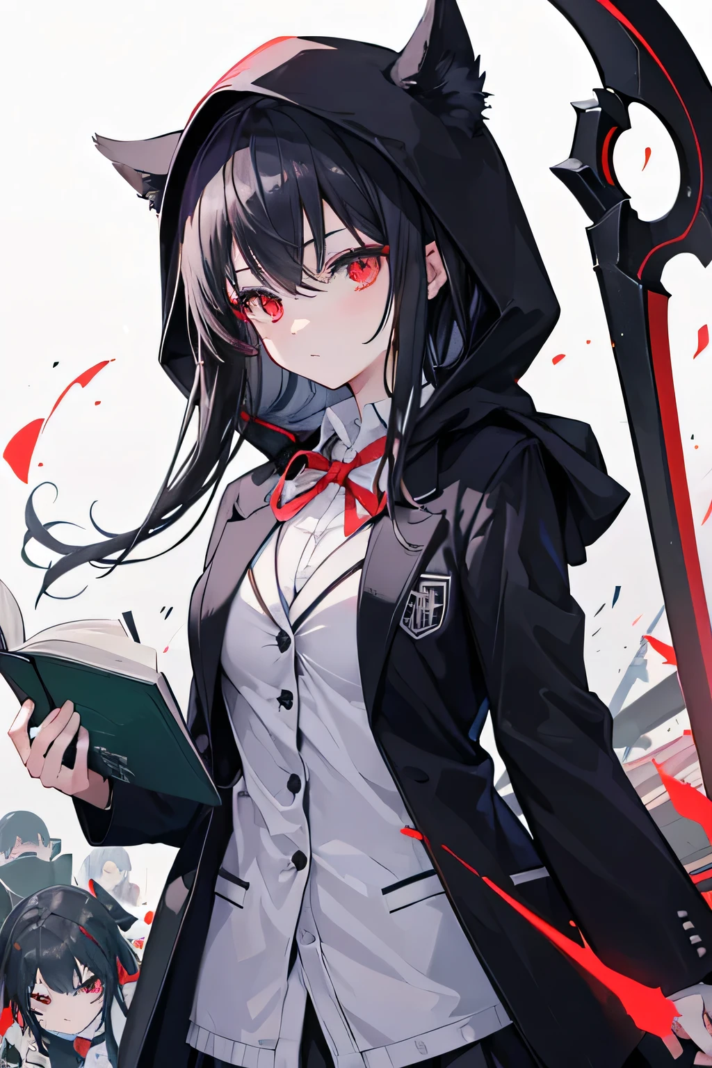 (One girl), Anime girl with a black scythe and a hood , Black Hair Girl、((Literary girl wearing a blazer)),Girl holding a book, Red eyes, Girl carrying a scythe, Black clothes