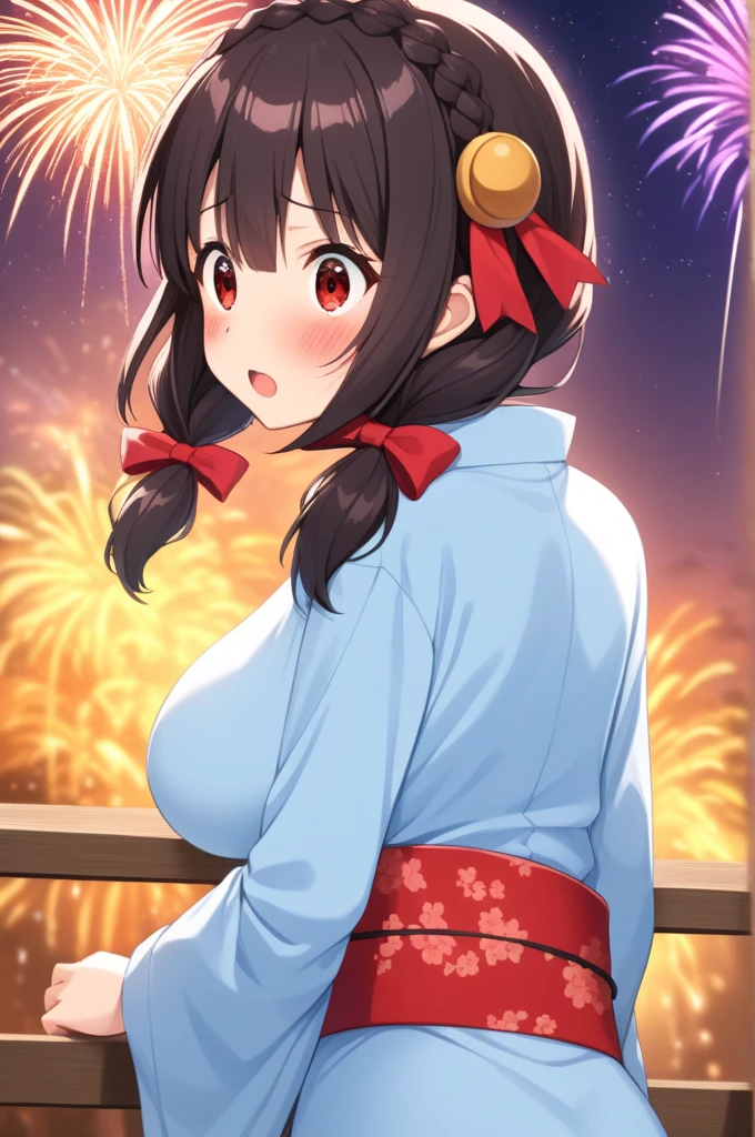 alone, One girl、Crown braids in the same color as your hair, hair ornaments, Hair Ribbon,(A light blue kimono with a red floral pattern and a red obi.)、Red Eyes、Black Hair、(blush:1.5)、(Surprised expression:1.4)、Larger breasts、Look Back、The background is fireworks at night