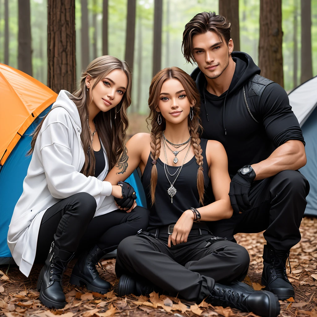 Three friends. The sole male is handsome, with short brown hair, chiseled jaw line, and silver eyes. He have Tall, Muscular build, with a tattoo of a wolf on his right bicep. He is clad in black sleeveless undershirt, silver chain necklace, black fingerless gloves, black cargo pants, and black leather boots.The first female have long, flowing black hair, light brown skin tone, and hazel brown eyes, she is clad in a bohemian-style clothing and silver jewellery. The second female is tall and slender, with long brown hair that she often wears in a braid, piercing blue eyes, has a small scar above her left eyebrow. She wear white hoodie over black undershirt, black cargo pants, and dark brown leather boots. They are camping in the wood, with a smile on their face, the man wrapping his hands around his female friends shoulder.