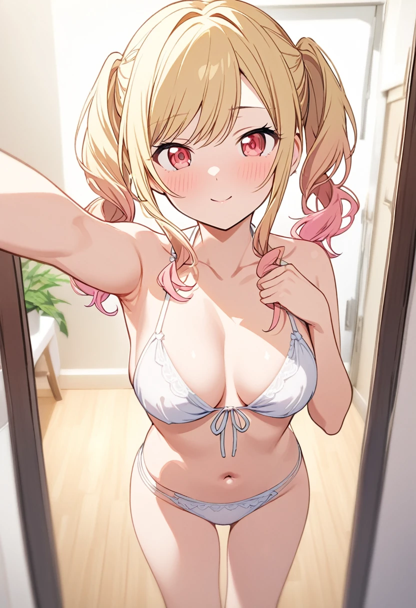 Generate an image of Honami Mochizuki from Project Sekai. She is a high  student with long, straight hair in a blonde color.,with a slight curl. Her side hair is shorter and also slightly curled.Often, has big, gentle red eyes and a warm, friendly expression.nsfw,medium breasts,1girl,Gradient with pink tips,close to viewer,Twin tails,Selfie,full body, white bikini