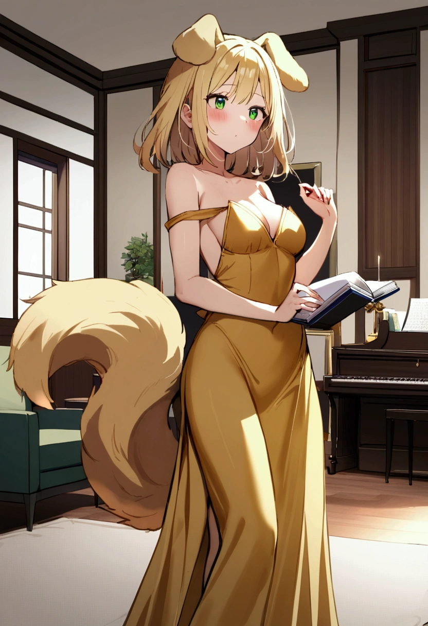 1girl with long blonde hair, green eyes, floppy dog ears, dog tail, blush, golden dress with open shoulders, holding small notebook, rich living room, medium breasts, standing
