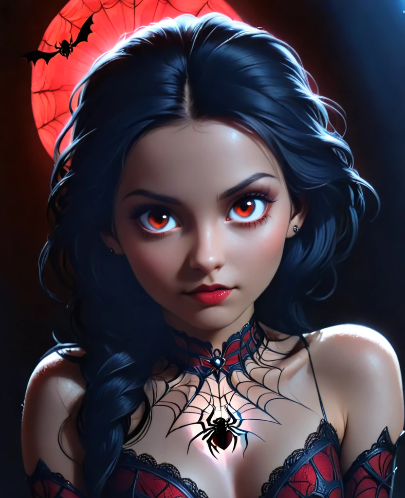 (Realistic:1.5), (((editorial photography))), (((extremely detailed))), ((masterpiece)), (gorgeous gothic woman in black red spider's web), dramatic lighting, (cinematic light:1.1), full body, (cute sexy:0.8), (cute face:1.2), Pleasure, faded colours, depth of field, 35 mm, analog photo style, gothic background, red splash particles with small luminism, spiders around, sunset, red dawn, dark atmosphere, medieval, intricate hair, inricate small details, (pale skin), hair ornament, long black hair, (fantasy world), (textured skin:1.4)