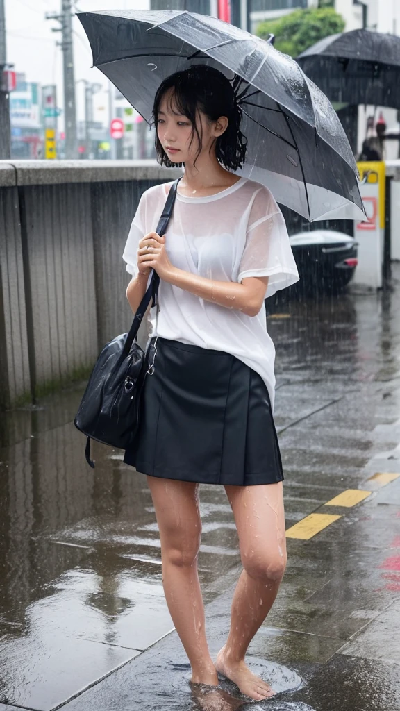 Natural image quality,Standing facing forward, (((looking at the camera))),１People Girls,Japanese,20-year-old,Beauty,tears,Sad expression, Short-sleeved summer clothes,skirt,(Disheveled Hair), ((Wet Hair)), ((Wet body)), ((Wet clothes)), ((Wet Face)), (The whole body is wet from rain), (Rainy city office district)