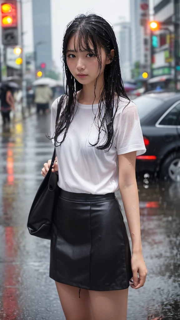 Natural image quality,Standing facing forward, (((looking at the camera))),1People Girls,Japanese,20-year-old,Beauty,tears,Sad expression, Short-sleeved summer clothes,skirt,(Disheveled Hair), ((Wet Hair)), ((Wet body)), ((Wet clothes)), ((Wet Face)), (The whole body is wet from rain), (Rainy city office district)