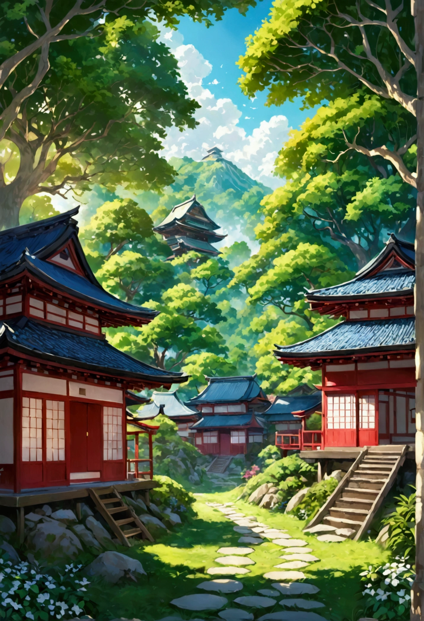 background, Fantasy, wonderful, Fantasy, forest, Summer Morning、Japanese houses