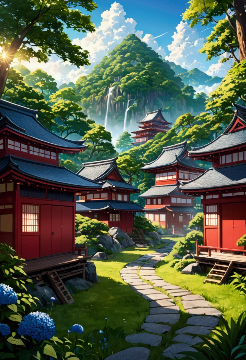 background, Fantasy, wonderful, Fantasy, forest, Summer Morning、Japanese houses
