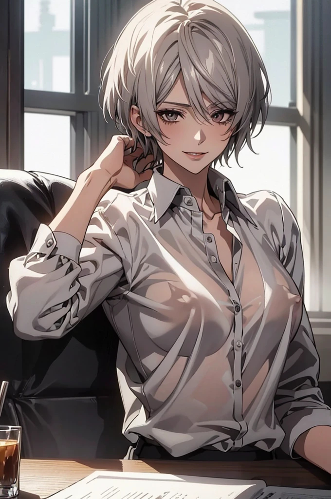 (Highest quality, High resolution, Very detailed), 1 female, Silver Hair, Super short hair, Reddish brown eyes, show off nipples under white shirt, see-through, Large Breasts, secretary, 24th generation, Beautiful woman, mature, quiet, Calm, A small smile, office,