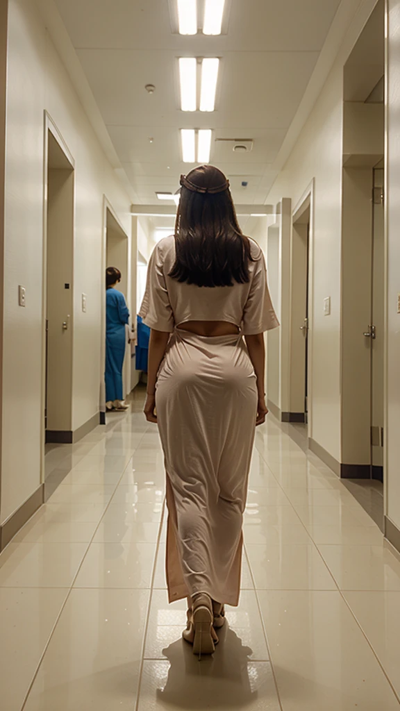 Hospital corridor with a patient in a long gown at the back with her head not turning, we can see her buttocks slightly