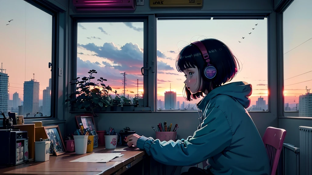 West Coast , hiphop, アニメ girl sitting on floor looking out window at city, アニメ aesthetic, アニメ vibes, lofi artstyle, Lo-fi portrait by the window, Watching the Sunset. アニメ, Lofty Girl, アニメ art wallpaper 4 k, アニメ art wallpaper 4k, アニメ art wallpaper 8 k, アニメ background art, Lofi Color, Lofi Art, アニメ asthetic,masterpiece, Highest quality, Rainbow Style, アニメ, Beautiful Asian Girl, Along the Hawaiian Coast, Cute and dreamy,アニメ,Illustrator,LOFI Girl, Blues,landscape,Sunset, night、Girl listening to music in a cozy room, Use headphones, 2D Style Anime, Rain outside the window、Analog Color Theme、Ghibli style