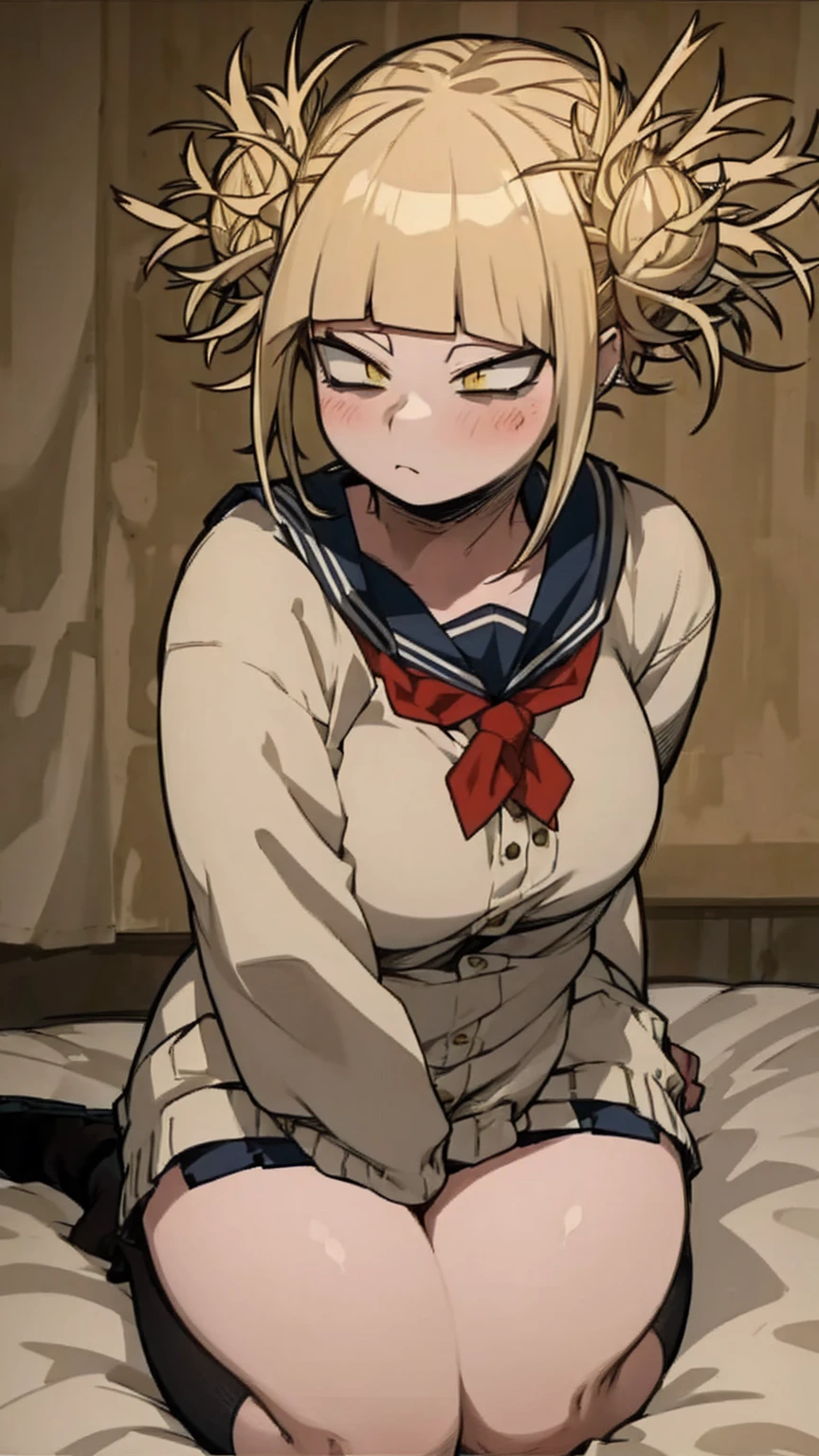 masterpiece, best quality, ultra-detailed, Potrait of beautiful , (chubby), (plump), (sexly), (Breasts), (Plump), (overweight), (Blonde), ((Saggy breasts)), (yellow eyes), (toga himiko), fullbody)