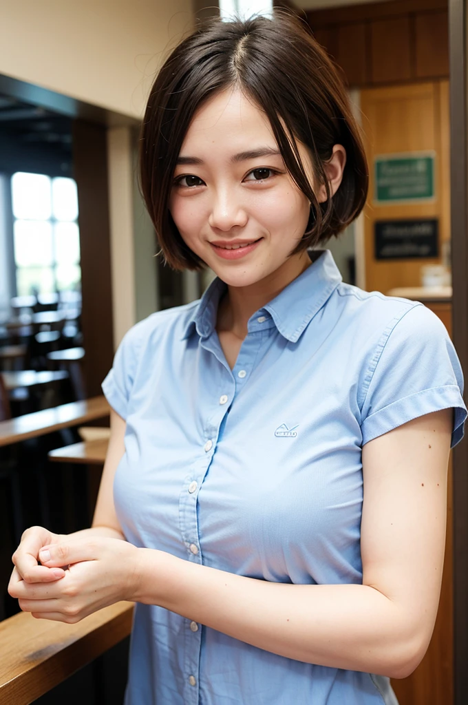 Top quality, 1 beautiful woman, super short Hair, shy-smile, wearing shirt, Sunlight, at cafe