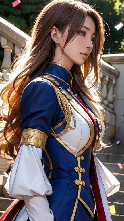 Highest quality, Official Art, masterpiece, Fabric Shading, High resolution, Very detailed, colorful, Best details, Fantasy, Combat Uniform, Yuki Mori:1.5, 1 female, Age 25, Golden Hair, Long Hair, Curly Hair, Highest quality, Official Art, masterpiece, Fabric Shading, High resolution, Very detailed, colorful, Best details, Fantasy, Combat Uniform,1 female, Age 25, Standing on the stairs, A castle town with an old castle view, sunny, Random Hair, Large Breasts, skinny, Surrounded by a lot of people:1.9, Confetti falling, Blessed, Welcomed:1.5, Camel Toe:1.3, Ground Level Shot:,whole body:1.9,