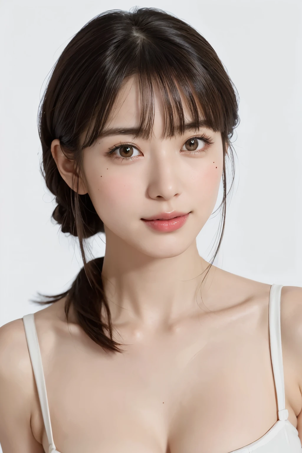 ((masterpiece, Highest quality, High resolution,Everything is beautifully detailed)), One Girl, (Realistic: 1.4), alone, White Background, snow-White Background, ((From above, A little above, look up at the viewer, look up, look up at the camera, Looking into the camera)), Mouth closed, Smile, Smile, Smile, Beautiful black hair, bangsのあるショートヘア,bangs, Big eyes, Transparent double eyelids, eyelash, Listen carefully, Long neck, Long neck, Absolute area, (Draw the whole head, shoulder), 19 years old, Attractive proportions, Perfect Anatomy,Shiny skin, Beautiful collarbone, Golden ratio face, Perfect Face, Tearful mole, Mole on chest, bangs, clean bangs, Lip gloss, Thin lips, Fair skin, naked, Big Breasts, Small face, Small face, Draw the whole head, draw all shoulder,{gigantic|big|huge|mega} breasts, cleavage