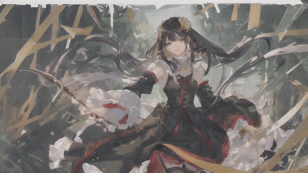 Highest quality, (Realistic:1.2), One girl, alone, Detailed face, Face Focus, Are standing, Black Hair,(hair ornaments:1.35),office lady, Sleeves edged with ribbon, Removable sleeves, Ribbon trim, Wide sleeves, (View your viewers:1.5) Long Hair, Iris, bangs, lips,