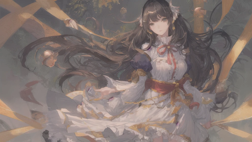 Highest quality, (Realistic:1.2), One girl, alone, Detailed face, Face Focus, Are standing, Black Hair,(hair ornaments:1.35),office lady, Sleeves edged with ribbon, Removable sleeves, Ribbon trim, Wide sleeves, (View your viewers:1.5) Long Hair, Iris, bangs, lips,