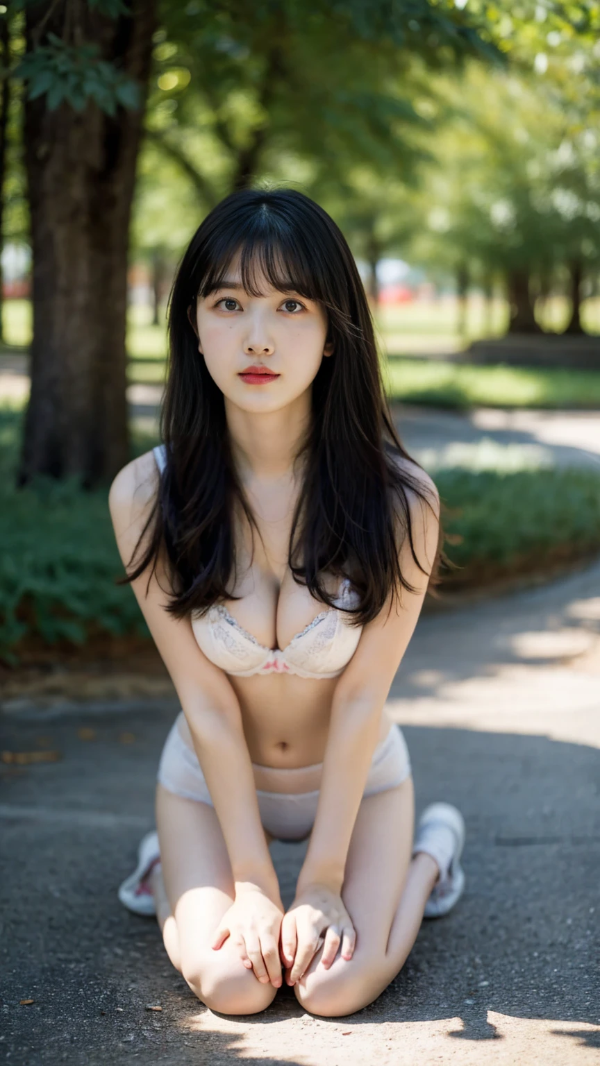 Best quality, masterpiece, ultra high res, (photorealistic:1.5), raw photo, 1girl, in the park, deep shadow, low key, cold light, sexy look, ample bust , bra outlined visible, bra strap, Natural breast size, (long hair), ((full body)), kneeling on the ground, keep your feet together.