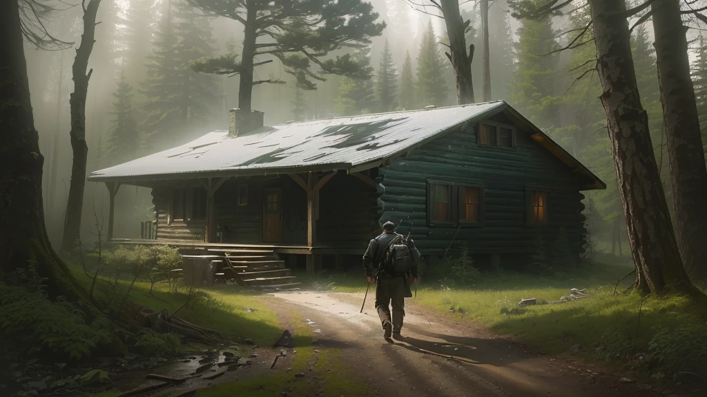 there is a man walking towards a cabin, inspirado em Gregory Crewdson, inspired by Asher Brown Durand, cabin in the forest, arte conceitual escura fotorrealista, hyper-realistic adventure rendering, lonely cottage in the forest, inspired by Michael Komarck, forgotten and lost in the forest, house in the florest, the disappearance of ethan carter, matte digital painting