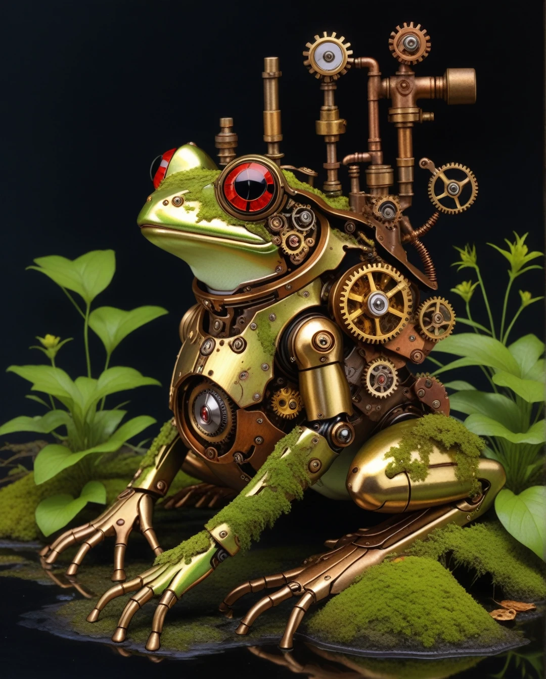 Art style by Akihiro Yamada, Art style by Suehiro Maruo, Art style by Ayami Kojima, (Masterpiece, Top Quality, Super Detail, High Resolution, Best Illustration), Create a breathtaking illustration of a brass, moss-covered steampunk robot frog, depicted in a state of disrepair on the ground. Highlight the intricate mechanical details of the frog, showcasing gears, cogs, and steampunk elements interwoven with natural moss and rust. The texture of the brass should shimmer subtly, reflecting light and adding depth to its aged appearance.Surround the frog with a rich, atmospheric environment, featuring a blend of overgrown foliage and industrial remnants, evoking a sense of forgotten technology in a lush landscape. Use dramatic lighting to emphasize the contrast between the organic moss and the cold metal, creating a poignant narrative of nature reclaiming technology. Aim for a high level of detail and artistry, crafting a visually stunning masterpiece that tells a story of beauty in decay.