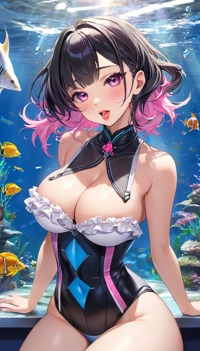 {{{{{16k, Camera angles close to face and tits}}}}}, {{{{{Her body and sex appeal are at their peak and she exudes an overwhelmingly seductive aura She kneels with her eyes upward drooling from the tip of her slender tongue and sticking out her tongue lovingly and skillfully caressing the penis in front of her, transforming a Japanese girl into her facial rank to the SSS rank of top-notch pretty actresses, She's in a cylindrical aquarium filled with female hormone fluid with a control panel that allows her to change the shape and appearance and personality of the girl inside at will, When the control panel under the aquarium was adjusted to a sexy beautiful big-breasted with tight cleavage slender underbusted personality girl her appearance changed to a cutely slut and gentle look, after being locked in a aquarium for four years and injected daily with beauty-enhancing hormones she grew into a girl that she had an lewd fetish for lips and necks and waistlines, The lush growing tits and waistline of a 16 year old ripen quickly when the control panel is moved to a 20 year old and we see her in her prime as a woman, her clearer nip line from underbust to hips, Her too-beautiful rounded tits wrapped in her separates frills pastel colored bikini, Her hair is replaced by a bang long glossy very Straight black hair, The growing body is reproduced with sex-loving, thick vivid lips, She transforms her into a cute once-in-a-millennium}}}}},{{Extremely detailed}},{{{{{integrated her head small, Enchanting Too thick and erotic deep pink lips, Her thickened lips shimmer with luster}}}}}
