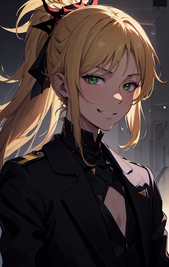 masterpiece, best quality, (detailed anime, video game art, extremely detailed CG unity 8k wallpaper), (best quality), (best illustration), (best shadow), absurdres, realistic lighting, (Abyss), beautiful detailed glow, anime, solo, 1girl, (small chest, portrait, close up shot:1.22), (mordred:0.89), female, feminine, half-closed eyes, masterpiece, best quality, (detailed anime, video game art, extremely detailed CG unity 8k wallpaper), (best quality), (best illustration), (best shadow), absurdres, realistic lighting, (Abyss), beautiful detailed glow, anime, solo, 1girl, (small chest, portrait, close up shot:1.22), (mordred:0.89), female, feminine, blonde hair, green eyes, ponytail, tomboy, long hair, (dynamic pose, attack stance, valkyrie, smirk:1.03), messy hair, royalty warrior, soldier, vicious expression, grin, (head tilt:1.22), cocky, death glare, kubrick stare, perspective view, (\ ( three quarter profile \ ):0.55), suit and tie, overcoat, black suit, belt, spotlight, dark theme