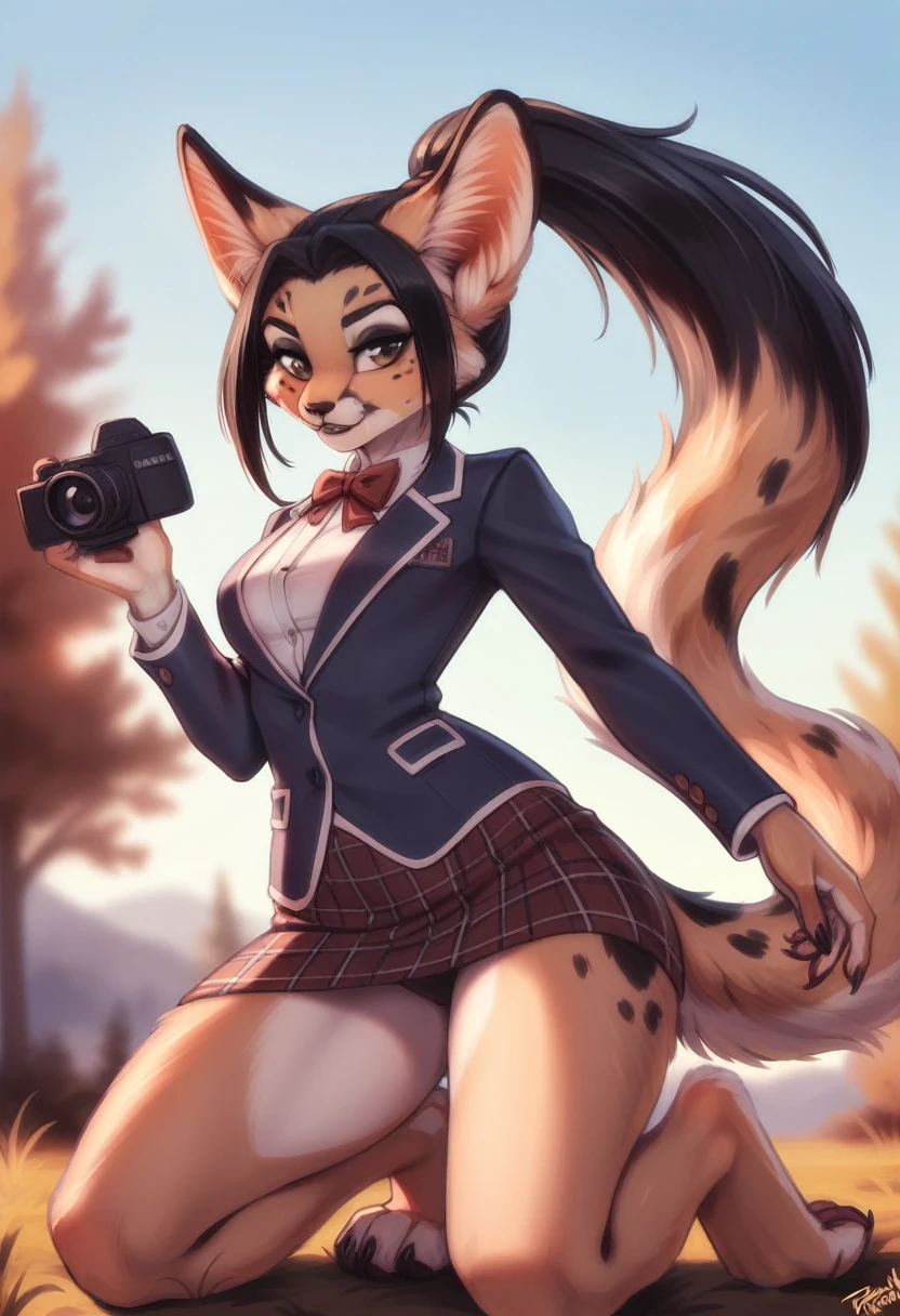 By personalami. beautiful, (masterpiece), high quality, Highly detailed CG Unity 8k wallpaper, High resolution, perfect lighting, youthful, adolescent, tall, slim, skinny, frail slender figure, slim legs, medium breasts, furry ocelot character, distinctly feminine figure, narrow hips, long legs, thick, fluffy, volumetric fur, with plaid skirt and navy blazer, cinematic high fidelity, golden fur with black spots, black hair in a high ponytail, close up angle, kneeling, fishnet stocking, glamour pose, low angle, sweaty, intimate, looking at camera, deep detailed brown eyes, detailed fluffy fur, fluffy fur texture