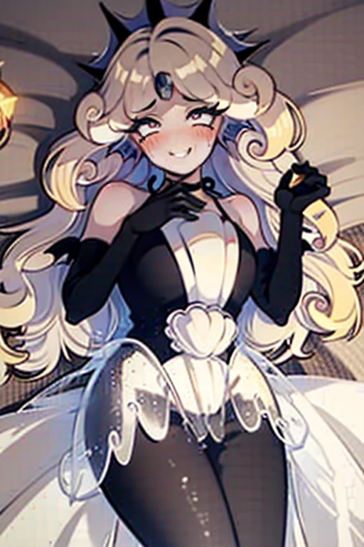 a hot seductive mature woman, black pearl cookie, lying down in bed. she has a curvy but slim body, with lovely curves and long sexy legs. her skin is grey and so smooth that it glows. her hair is long, wavy and white, and it's fluffy and messed up. her eyes and white and sharp with long eyelashes. she's wearing a black dress, as well as a pair of long black stockings and a choker. her pose is seductive and alluring: she's lying down on the bed while looking at the viewer. the viewer is in front of her and has a close up of her face from above. HD, very detailed picture