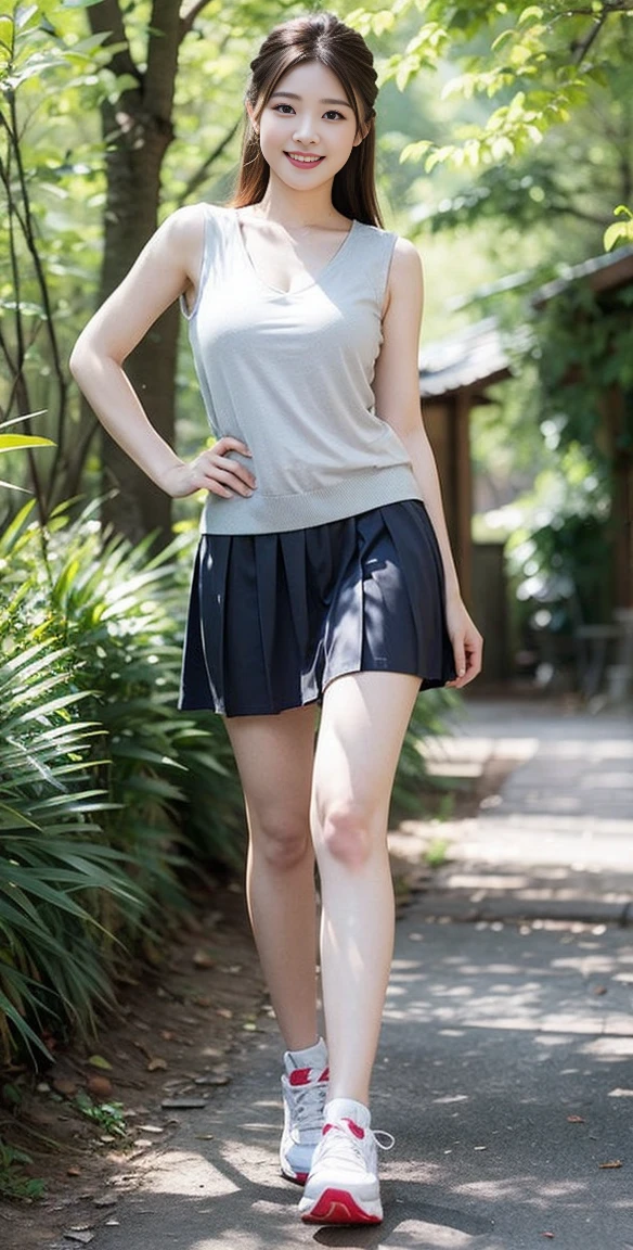 8K picture quality、high resolution、Realistic skin texture、high resolutionの瞳、Miss、(A girl in the forest),Sleeveless knitted shirt、Short pleated skirt，Thin脚、sports shoes，Princess hairstyle、Thin、、Large Breasts、(a charming smile:1.2), Brown hair、Large target、Sweat accumulates on the chest、Comb your hair up,(full-body shot:1.5)，