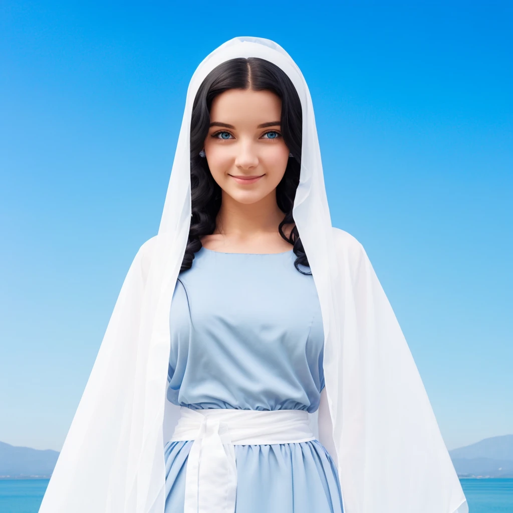young woman, 25 years old, blue eyes, Curly black hair , serene and happy face, gray dress with wide, long sleeves adjusted at the waist by an intertwined white sash.